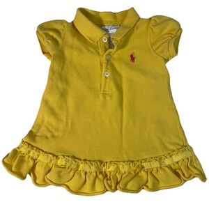Ralph Lauren Baby Girl Polo Dress‎ Yellow Ruffle Hem Pink Pony Logo Cotton 3M